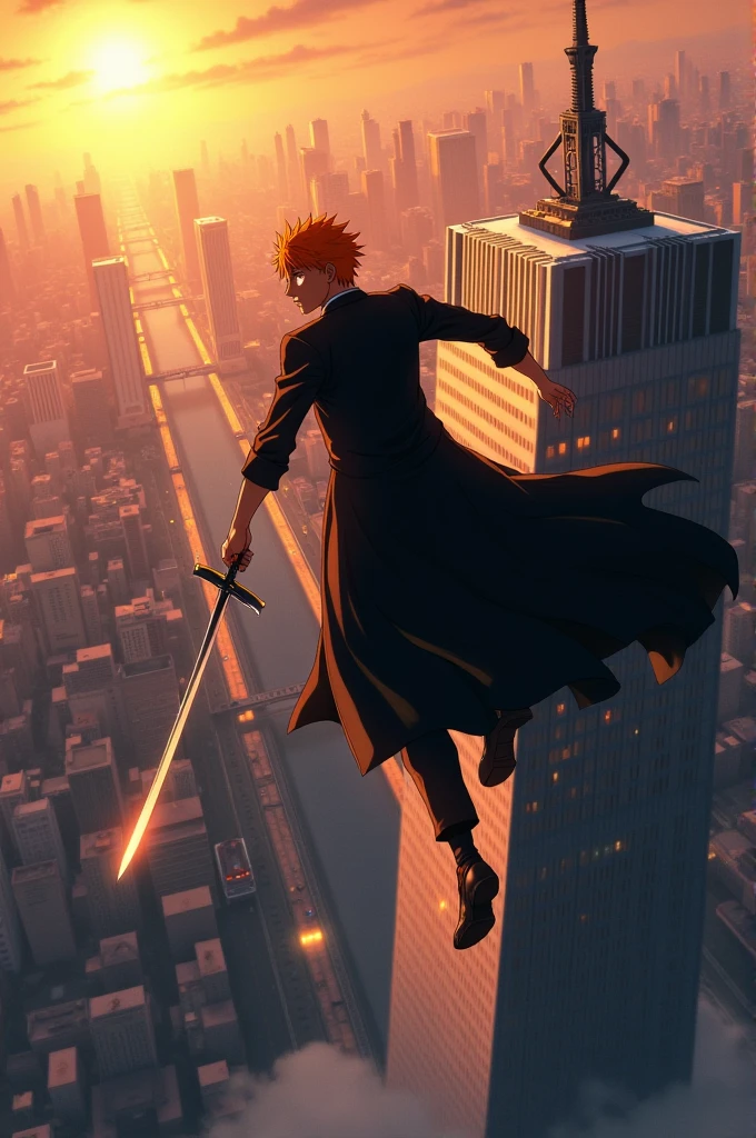 Ichigo Kurosaki jumping from a skyscraper 