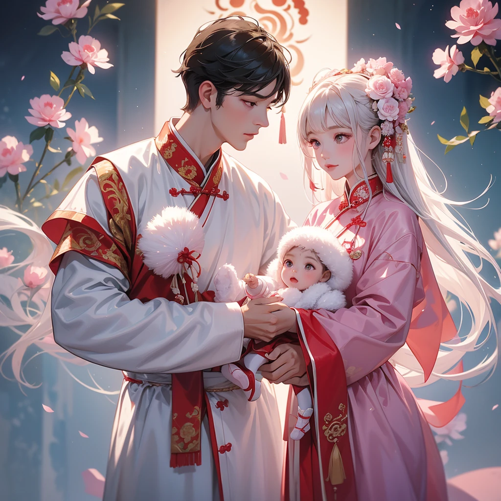 A one-year-old baby boy in an white ancient Chinese baby costume with his beautiful mother, dressed in an ancient Chinese costume, Standing in the middle of pink carnations, There are some floating clouds, playing with each other, with his handsome father standing next to his mother, close up.