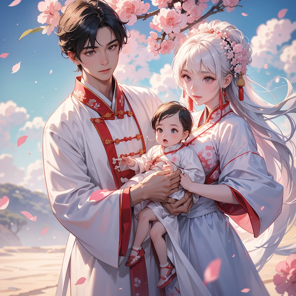 A one-year-old baby boy in an white ancient Chinese baby costume with his beautiful mother, dressed in an ancient Chinese costume, Standing in the middle of pink carnations, There are some floating clouds, playing with each other, with his handsome father standing next to his mother, close up.
