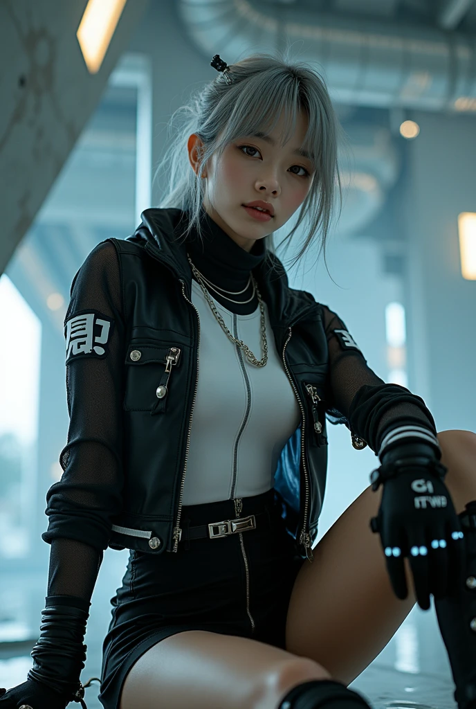 (nsfw:1.2), masterpiece, Best Quality, Realistic, Create an image of a beautiful young Japanese woman embodying futuristic fashion art. 18-years-old, The scene should have the highest quality and realism, sitting, below shot, She has an ultra-slim waist, medium firm breasts, a medium-sized buttocks, and beautiful sexy legs, showcasing sculptural beauty. Her skin is white and silky, small head. dressed in a striking white and black military print bodysuit paired with a sleek black leather belt with a futuristic metallic buckle and low-rise black skirt with zipper accents. She wears a sheer black mesh bomber jacket adorned with white and black military patches, chunky black high-cut Sneakers with silver hardware. Her look is fierce and bold, complemented by black fingerless gloves with white LED lights and high-tech accessories. adding an edgy attitude. Her outfit is completed, merging functionality with style. exuding a hint of rebellion, embodying the essence of future street-chic fashion. The wear hugs her body tightly, accentuating her curves and digging sensuously into her skin, hyper small head and face, wide Duck mouth, half open mouth, perfectly aligned teeth, perfect beautiful wide teeth, light blue eyes, half open eyes, shiny Droopy eyes, gray hair, looking other, She is situated within the interior of a futuristic colony, in the deep night, with mist drifting and steam rising from concrete
