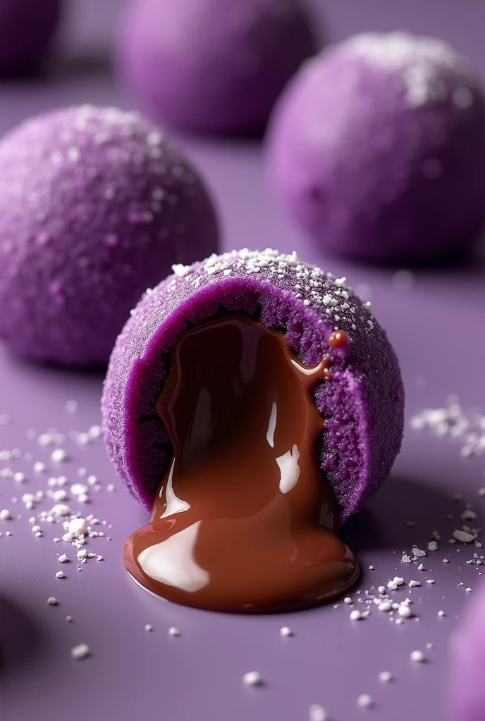 Colorful Filipino delicacy of sweet purple yam balls filled with molten chocolate when it slice in middle. Ube only then molten chocolate please with background that align with my business ube balls. With more ube balls, like in the previous picture please, same only but do what I want