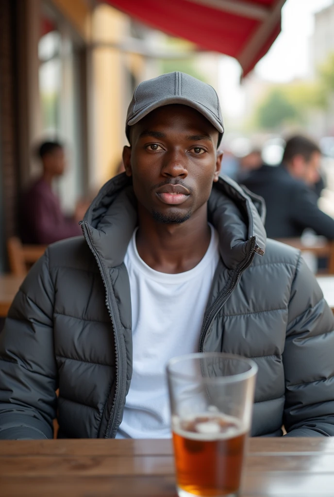 best qualityer:1.4), (ultra high resolution:1.2), (photorrealistic:1.4), (8k, CRU photo:1.2), a thin young man of 20 years old, skin black, with a smooth, beardless face, corte de cabelo buzzcut. He is wearing a white shirt and a gray puffer jacket over it.. He is wearing black jeans. He&#39;s wearing a gray cap. People&#39;s movements in the background. It&#39;s sunny. thin build. is sitting at a restaurant table. There is a glass with soda on top. It is positioned in front of the camera. 