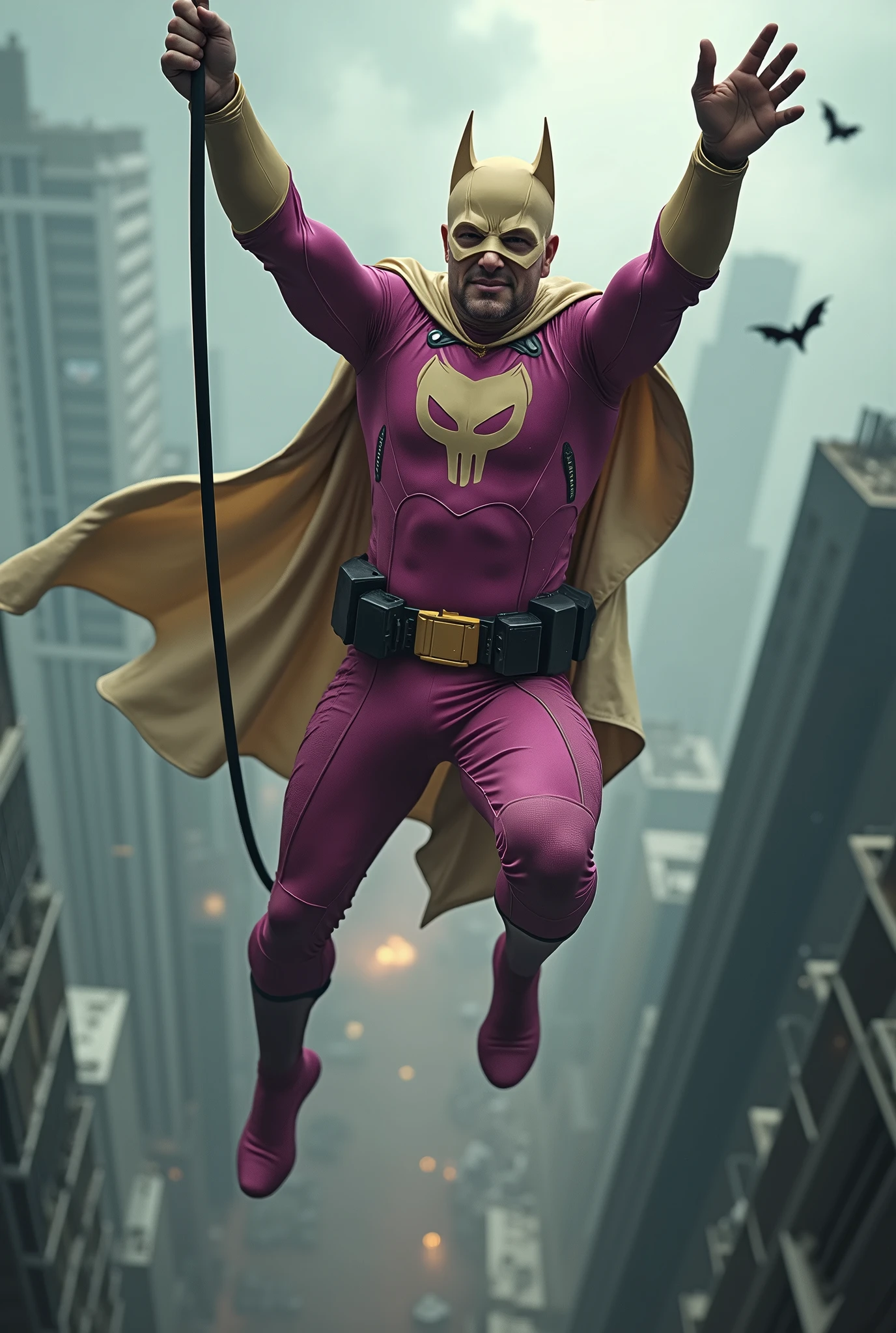 Malaysia man in high-tech suit, vivid effects, malaysian superhero (KELUANG MAN) in a striking pink and beige costume cyberpunk design, mask small mini bat ear beige, daredevil beige mask, jumpsuit dark pink stands confidently in a dramatic.jumping from high place.hero costume.one hand rise up. Big triangle logo on the chest.high detail Punisher logo on the chest. Fighting pose , stormy landscape. ((Head covered node guard like batman. Running pose , athletic body type, small mini ear bat mask))The character wears domino mask a helmet with pointed mini torn ears and a flowing cape biege, open nose and mouth. Equipped with visible futuristic weapons on a belt,bullet proof jacket pink dark day.show fingers pose, dark night, big supermoon effect . Small logo on chest triangle shape small punisher logo center triangle cyber logo center on chest pink logo mini logo . rocky. Building top.smoke ground , bomb effect background, losse pants, losses costume.adding to --ar 3:4 --style raw --stylize 500 --v 6.1. chaos. Lot of small flying bat. One leg on the high stone. Man . Real man age 40 year old. One hand holding belt.one hand holding black rope hanging on building