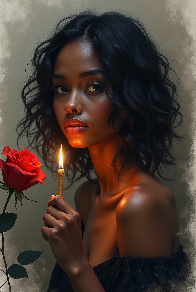 Ebony female, with a captivating allure, sits in pensive poses, surrounded by a smokey background. The draws, meticulously crafted with lit matches, reveal her enchanting figure in the style of feminine portraiture. A single red rose glows beside her, casting a gentle light over her light gray skin. The play of light and shadow illuminates her features, highlighting the delicate textures of her light orange and light black hair. Her deep, soulful eyes gaze into the distance, embodying the essence of this breathtaking artwork.