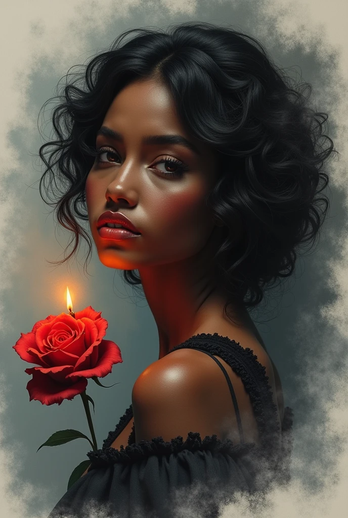 Ebony female, with a captivating allure, sits in pensive poses, surrounded by a smokey background. The draws, meticulously crafted with lit matches, reveal her enchanting figure in the style of feminine portraiture. A single red rose glows beside her, casting a gentle light over her light gray skin. The play of light and shadow illuminates her features, highlighting the delicate textures of her light orange and light black hair. Her deep, soulful eyes gaze into the distance, embodying the essence of this breathtaking artwork.