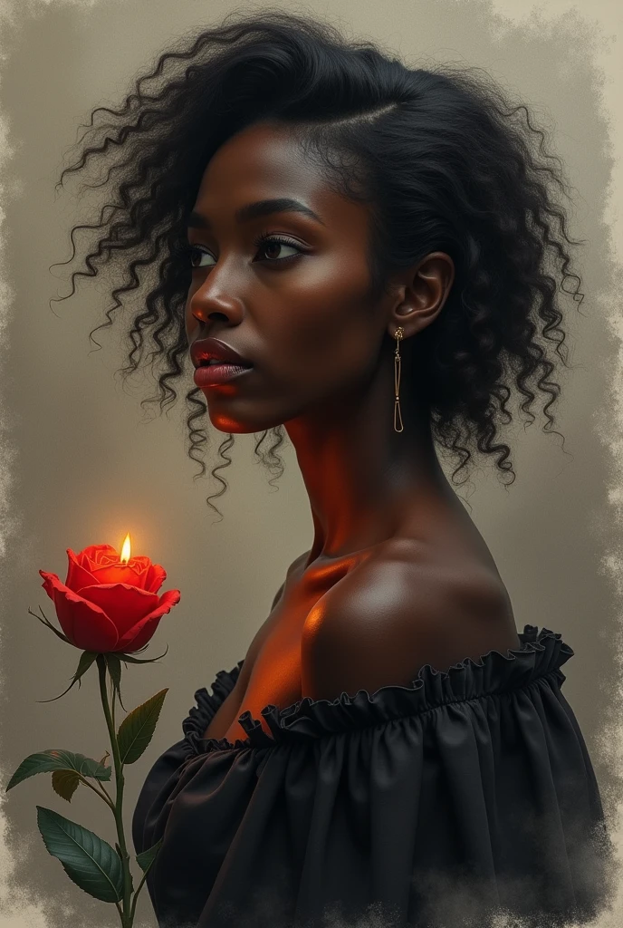 Ebony female, with a captivating allure, sits in pensive poses, surrounded by a smokey background. The draws, meticulously crafted with lit matches, reveal her enchanting figure in the style of feminine portraiture. A single red rose glows beside her, casting a gentle light over her light gray skin. The play of light and shadow illuminates her features, highlighting the delicate textures of her light orange and light black hair. Her deep, soulful eyes gaze into the distance, embodying the essence of this breathtaking artwork.