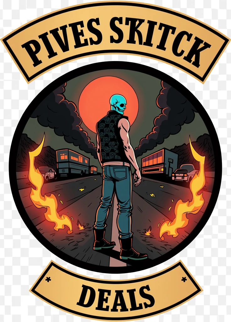 create an image of a man with a skull head, with their backs turned and looking back, he is wearing black leather vest patterned in background with image sent for sketch, jeans and boots. His skull is blue and the background is a landscape where he is on the asphalt with fire., sparks and smoke and road bikes composing the landscape