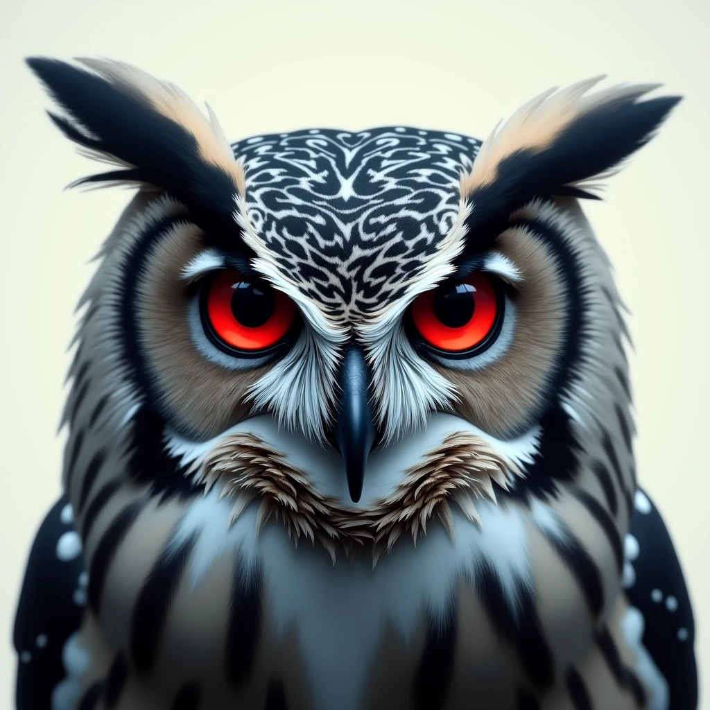 Owl face with red eyes in high resolution, the owl with gray tones in greater proportion