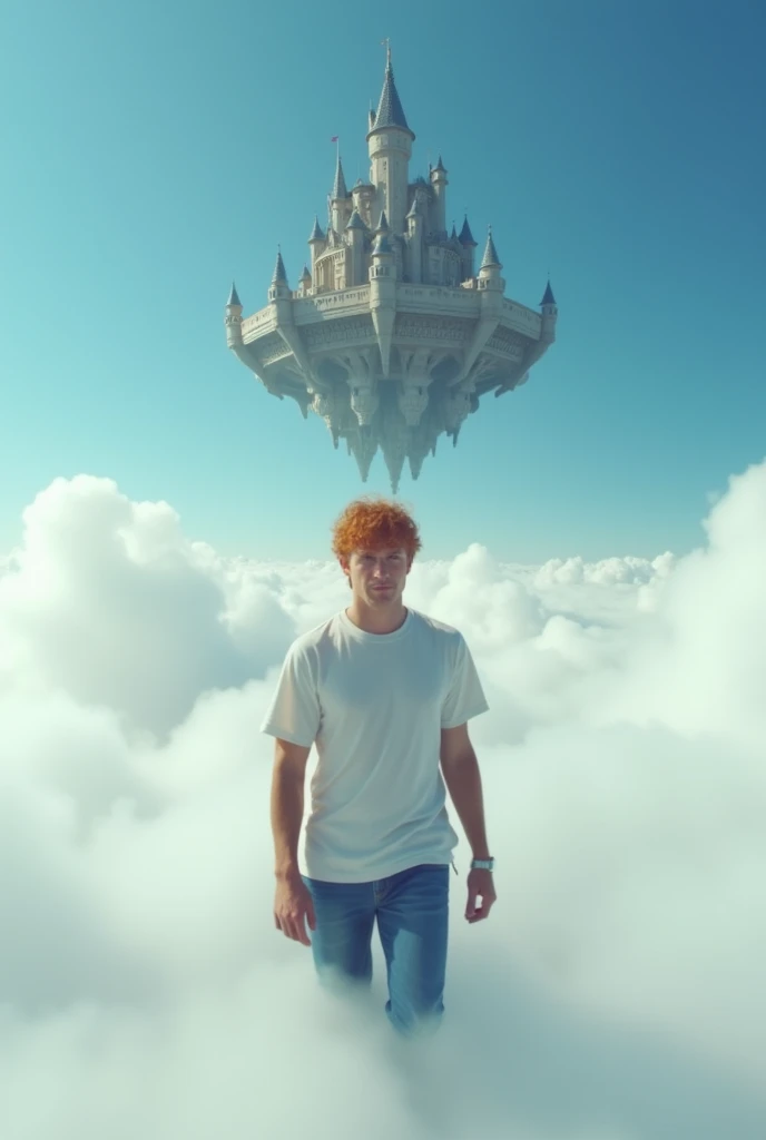 A cinematic medium shot of a man with reddish-blonde hair wearing a t-shirt and jeans. His haircut is in the style of the 80th. He's knee-deep in clouds, and looking at a beautiful, magnificent flying fantasy castle with intricate details. Instead of land, there is an endless surface of clouds everywhere. The castle is floating in the air above the clouds and has small towers flying around it. The background is a clear blue sky. The castle has a heptagonal symmetrical shape, the corner towers are connected to the central part by galleries and passages. The castle is both a defensive structure and a masterpiece of architecture. It has a futuristic look, but at the same time fantasy fairy tale outlines. The high contrast hdr picture.