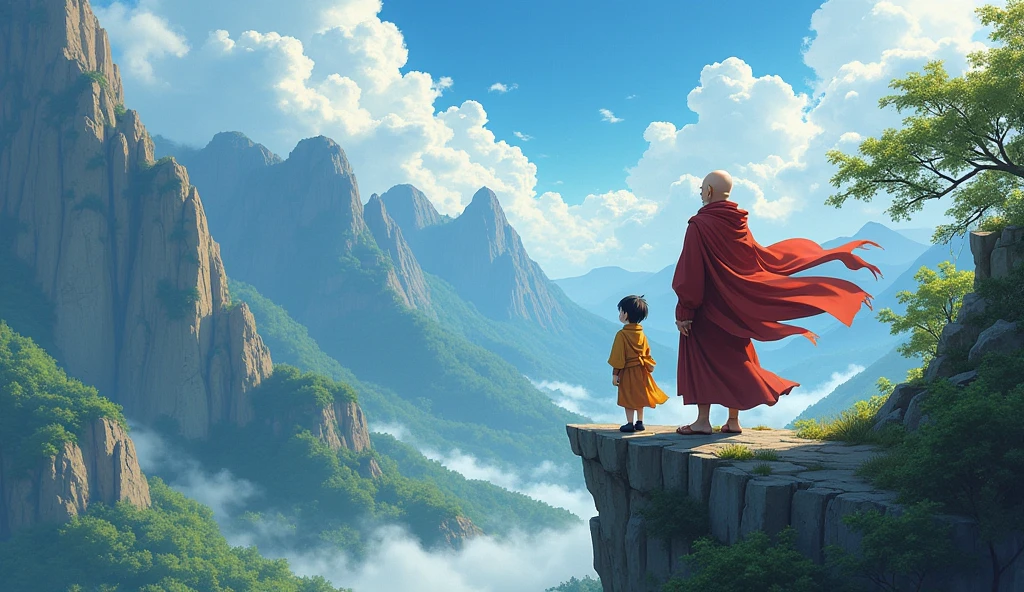Bald old monk sensei master, young bald desciple, cliff, wind hold fiercely, in anime style, standing, trees,