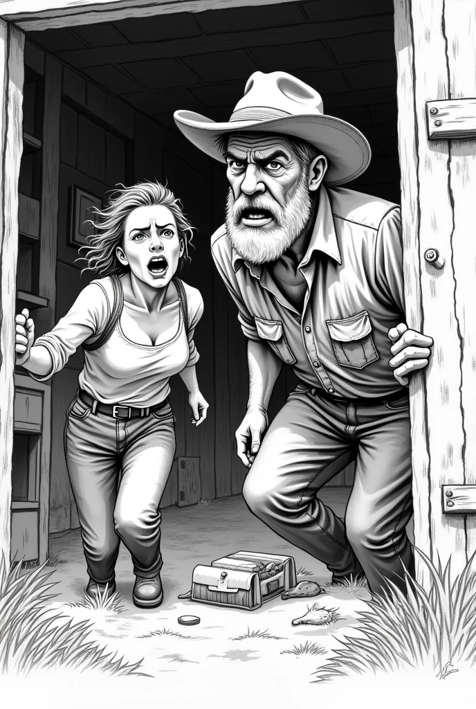 Create a black and white drawing , easy to draw, of a slightly older farmer man with a beard and hat , and a worried woman with her mouth open running to pick up things , both do them inside the house , Place objects in the room and make both of them have their mouths open as if they were talking.