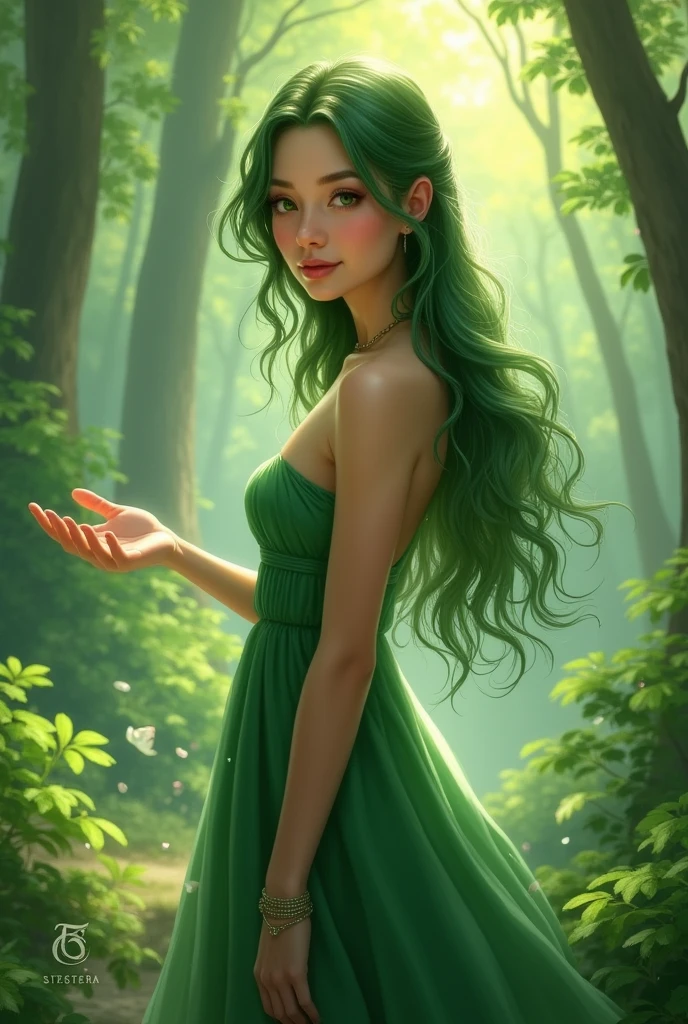 The image is a digital illustration of a young woman standing in a forest. She is wearing a green dress and has long, flowing green hair that is styled in loose waves. The woman is holding out her hand with her palm facing towards the camera. The background is filled with trees and foliage, and the sunlight is shining through the trees, creating a magical and ethereal atmosphere. The overall mood of the image is peaceful and serene. 1girl, nature, long hair, solo, forest, green eyes, green hair, looking at viewer, green theme, smile, outdoors, jewelry, green dress, dress, tree, realistic, glowing, plant, blurry, lips, magic, sunlight, artist name, bracelet