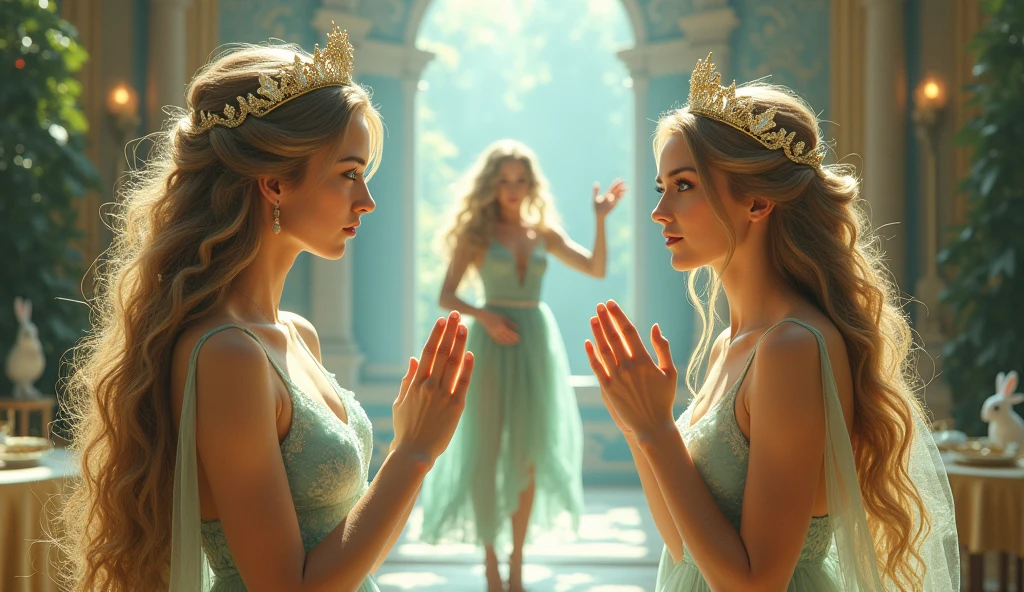 "A full-body shot of a realistic fairytale scene in a magical palace in a beautiful magical forrest, bathed in sunlighting."Beautiful pastel colour pallette." "A fairy queen 1 with realistic striking big blue eyes with eye makeup and a serious, direct gaze at the camera with golden extra long hair." " A Fairy queen 2 with golden-brown long curly hair in a thin light blue dress is standing by clapping her hands, "Fairy queen 3"((doing hand stand with both hands on floor with her gold delicade fairy-crown, is hanging by the ends of her hair")), wearing a thin blue/green dress"looking at fairy queen1 smiling with her perfect shaped pearly white teeth and pursed lips". "Singing fairy princess with a long white hair in a sheer golden wet transparent dress outfit, big breasts, thin waist, big butt, looks provocative with her mouth almost sedusive at fairy queen 2 laughing." "The lighting is natural and bright, highlighting their features and casting a soft glow around their hair, creating a high-contrast effect that emphasizes the subject's presence. " "A white rapid sits in on a decorative dining table" "while a rainbow colored bird perches on the top of the thin royal thrown". The scene includes a messy fairy queens in a beautiful and magical forrest palace. "The vast environment paints a magical but weird admosphere". # Configuration settings clip_guidance_scale = 20 # High adherence to the detailed prompt, emphasizing facial features hr_scale = 2.0 # High resolution to capture intricate details in the hair and face. hr scale =2.0 # Perfect human female body. Best hands 1:1, super realistic hair 1:1, hyper realistic eyes 1:1, extra detailed delicate moist skin, most detaled and realistic face 1:1. #A realistic stage with thorough details and clear focus on the queens.