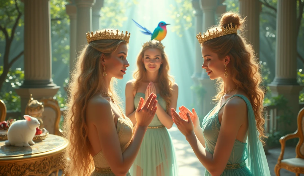 "A full-body shot of a realistic fairytale scene in a magical palace in a beautiful magical forrest, bathed in sunlighting."Beautiful pastel colour pallette." "A fairy queen 1 with realistic striking big blue eyes with eye makeup and a serious, direct gaze at the camera with golden extra long hair." " A Fairy queen 2 with golden-brown long curly hair in a thin light blue dress is standing by clapping her hands, "Fairy queen 3"((doing hand stand with both hands on floor with her gold delicade fairy-crown, is hanging by the ends of her hair")), wearing a thin blue/green dress"looking at fairy queen1 smiling with her perfect shaped pearly white teeth and pursed lips". "Singing fairy princess with a long white hair in a sheer golden wet transparent dress outfit, big breasts, thin waist, big butt, looks provocative with her mouth almost sedusive at fairy queen 2 laughing." "The lighting is natural and bright, highlighting their features and casting a soft glow around their hair, creating a high-contrast effect that emphasizes the subject's presence. " "A white rapid sits in on a decorative dining table" "while a rainbow colored bird perches on the top of the thin royal thrown". The scene includes a messy fairy queens in a beautiful and magical forrest palace. "The vast environment paints a magical but weird admosphere". # Configuration settings clip_guidance_scale = 20 # High adherence to the detailed prompt, emphasizing facial features hr_scale = 2.0 # High resolution to capture intricate details in the hair and face. hr scale =2.0 # Perfect human female body. Best hands 1:1, super realistic hair 1:1, hyper realistic eyes 1:1, extra detailed delicate moist skin, most detaled and realistic face 1:1. #A realistic stage with thorough details and clear focus on the queens.