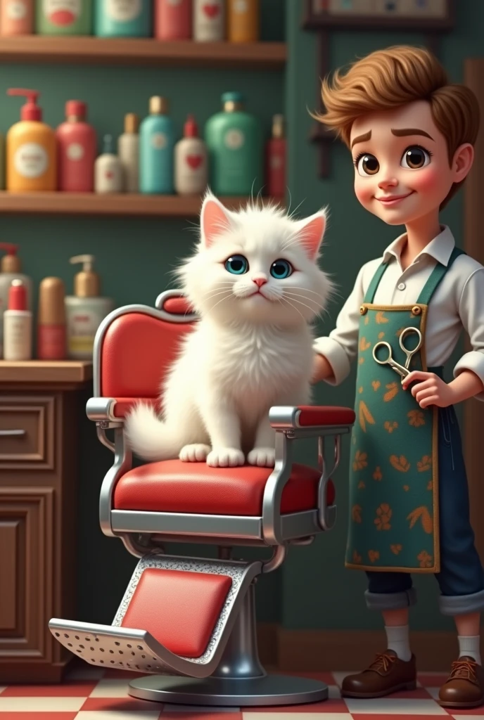 The white kitten perched on a comfy barber chair, surrounded by colorful hair products and a stylish barber holding scissors with a big smile.