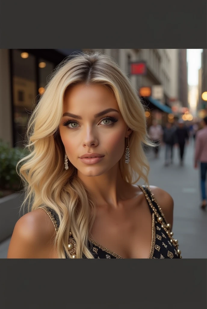 nice dressed beautyful body blonde hair women taking poses on the street