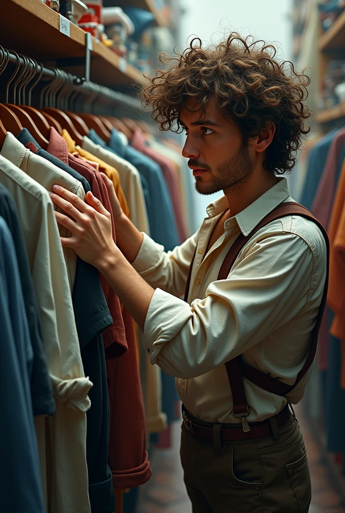 Create a picture like a tangled curly hair man choosing a shirt from a hanger