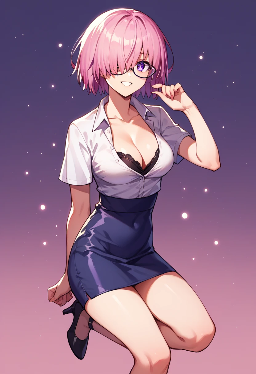 score_9, score_8_up, score_7_up, score_6_up, source_anime, mash kyrielight, short hair, purple eyes, pink hair, hair over one eye, glasses, 1girl, solo, blouse, cleavage, mini skirt, high heels, posing, smiling, fullbody shot, the background is a show with lots of lights and reflectors everywhere