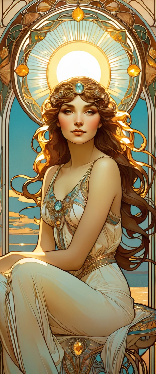 Portrait in Art Nouveau style, Beautiful girl, goddess of topaz, sits in a thoughtful pose, dreamy look, looking directly at the viewer, hair illuminated by the rays of the evening sun, inspired by Alphonse Mucha.