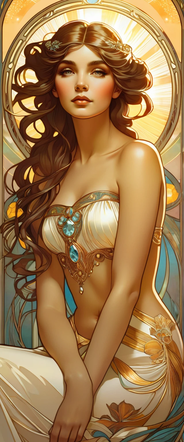 Portrait in Art Nouveau style, Beautiful girl, goddess of topaz, sits in a thoughtful pose, dreamy look, looking directly at the viewer, hair illuminated by the rays of the evening sun, inspired by Alphonse Mucha.