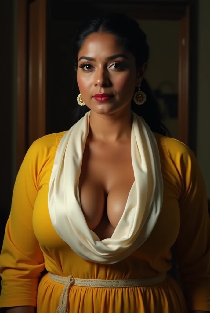 Photo of Indian Mature Aunty with dusky skin, Wearing Tight yellow Kurti and White stole tied around her neck, Showing large Cleavage, Hair tied behind, Dim light in the room.