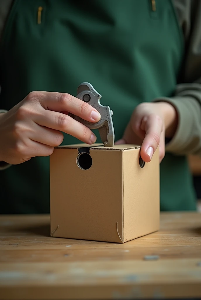 cutting with a cutter a perfect circular hole ONLY ONE SIDE/ONE SIDE of the cardboard box (upright position, You only see the hands doing the work, All this is done on a table and with a subtly green aesthetic filter.. THAT DOES NOT HAVE ANOTHER HOLE ELSEWHERE, ONLY ONE SIDE WITH A HOLE AND IT IS ON THE TOP SIDE OF THE BOX