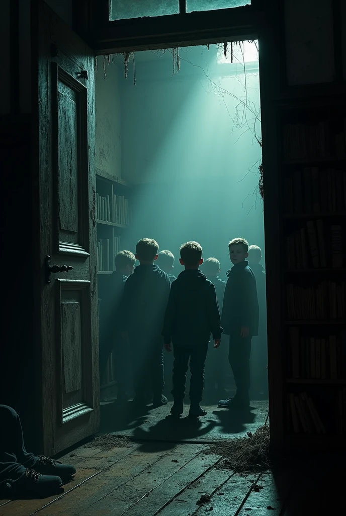 "Inside a dusty, dimly-lit library located on the top floor of an abandoned school. The light flickers, casting long shadows over the cobweb-covered bookshelves and creaky wooden floors. A group of scared boys stand just inside the creaking doorway, their faces pale with fear. The air feels cold, almost suffocating, and faint, ghostly whispers seem to echo from the dark corners of the room. The image should capture a deep sense of dread, as if something is watching them from the shadows.