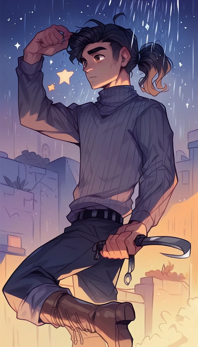 (detailed), (((normal guy))), (Arabic characteristics), ((black fur rizado Ponytail hairstyle)), ((Ponytail hairstyle)), (calm face), ((Brown boots)), (((whole body))), ((male)), (gray turtleneck sweater), ((only one person)), (at night), ((Brown eyes)), In the dark, ((black fur)), ((human)), grabbing a machete, ((alone on a rooftop while a shower of stars falls))