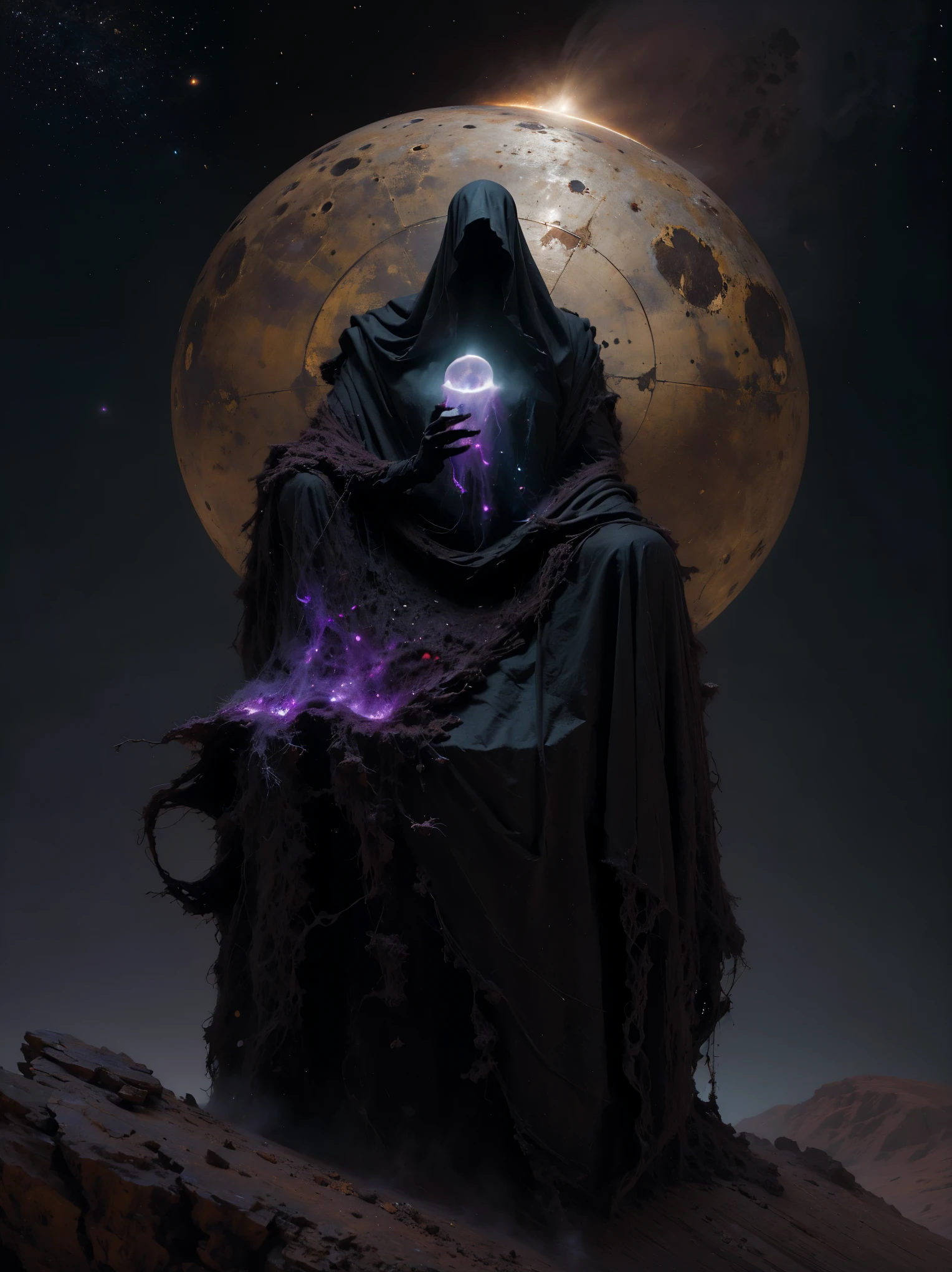 Create a highly detailed and atmospheric digital painting of a cosmic dark entity meditating in a lotus position on the surface of a barren planet. The entity has a shadowy, featureless face and a muscular humanoid body covered in dark organic tendrils that appear to flow and twist around it.. A bright red crystal is embedded in his chest, pulsating with dark energy. Above the head of the entity, A spinning purple and black cosmic vortex with a glowing mystical orb at its center radiates power, Shedding an ethereal light. The background features a vast star-filled galaxy with purple nebulas and distant cosmic phenomena., creating a sense of infinite space and power. The lighting is dark and sinister, and the main sources of light are the glowing red crystal and the mystical orb. The overall color palette is dominated by deep purples., black and touches of red, evoking a sense of cosmic mystery and power.