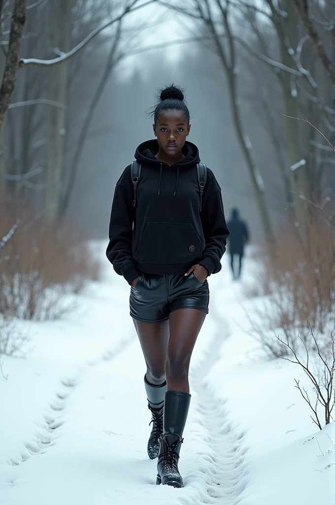 Black woman wearing leather short shorts and black hoodie hair in a bun walking in the snow in the woods wearing leather boots 