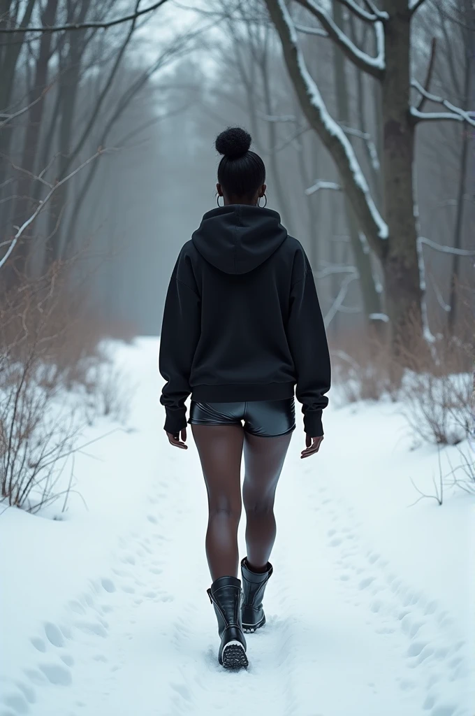 Black woman wearing leather short shorts and black hoodie hair in a bun walking in the snow in the woods wearing leather boots