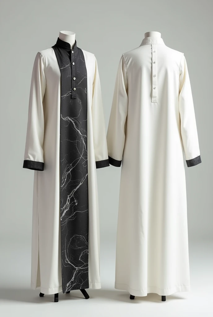 an Indian Muslim kurta, which reaches to the knees, no model or man in the image, just the kurta, the collar must be thin and discreet, white collar, the collar button must be black, the kurta has a black marbled color in the center, and the sides as well as the sleeves are white in color, front and back view