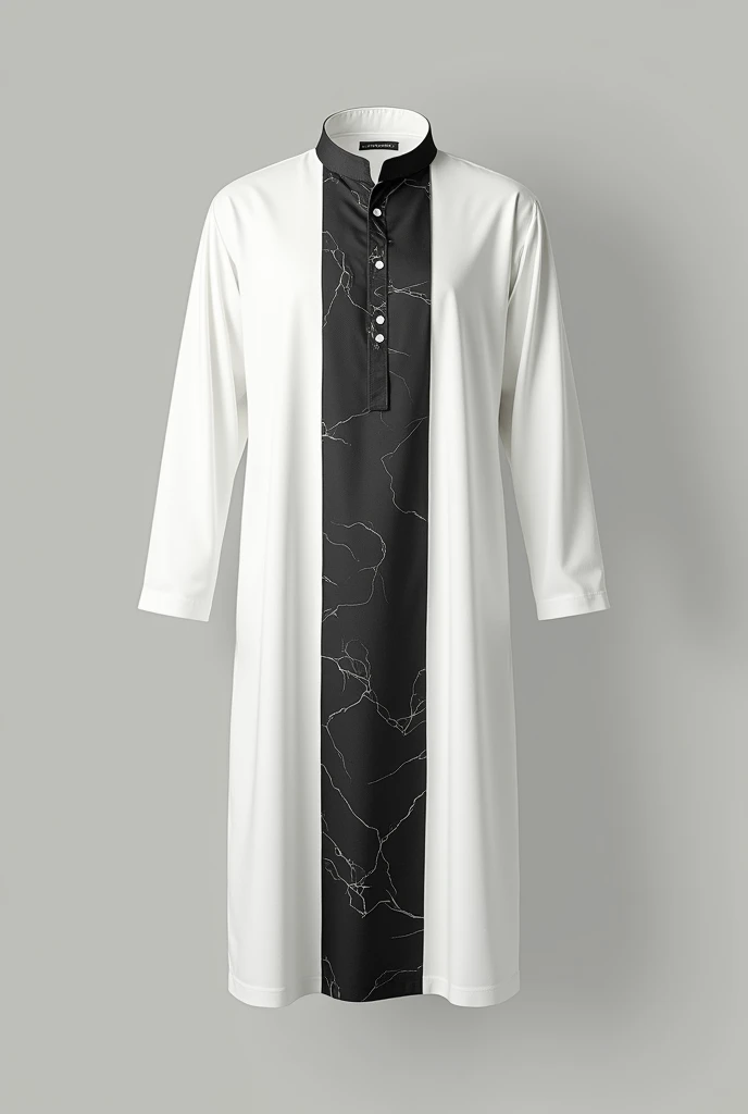  
an Indian Muslim kurta, which reaches to the knees, no model or man in the image, just the kurta, the collar must be thin and discreet, white collar, the collar button must be black, the kurta has a black marbled color in the center, and the sides as well as the sleeves are white in color, front and back view
