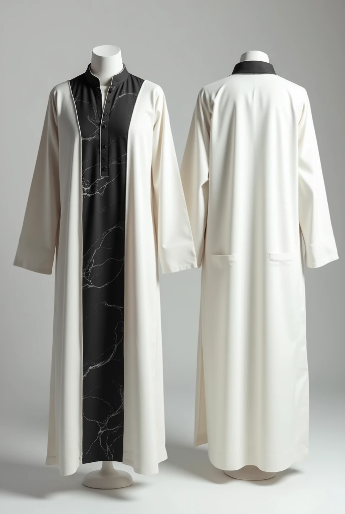 an Indian Muslim kurta, which reaches to the knees, no model or man in the image, just the kurta, the collar must be thin and discreet, white collar, the collar button must be black, the kurta has a black marbled color in the center, and the sides as well as the sleeves are white in color, front and back view