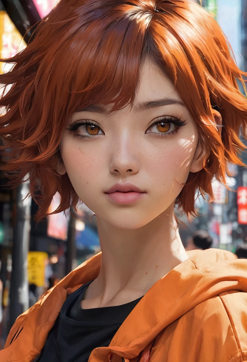 A young woman, short dark orange hair and side bangs, dark brown eyes, (((a young woman with short dark orange hair 1.7)))(((very beautiful))), perfect faces, she is in a city called shibuya in japan, warm palette, she is wearing a jujutsu kaisen character outfit, she wears an eye taoa in one of her eyes, brown eyes, 8K, extremely detailed, (high quality, realistic, photorealistic: 1.37), ideal proportions and defined skin, meticulously crafted features, unapproachable beauty, perfection, artistic art, vivid realism, hyper-detailed sculpting, realistic shapes, truly awe-inspiring, impeccable craftsmanship, pure brilliance, ethereal beauty, delicate contours, striking poses, sublime beauty, subtle nuances, dynamic compositions, vibrant colors, perfect lighting, moving expressions, heavenly aura, majestic presence, dreamlike atmosphere, unmatched detailed octane rendering trend in artstation, 8k art photography, photorealistic concept art, cinematic volumetric soft natural light, chiaroscuro, award winning photography, fine art, oil on canvas, beautiful, detailed, intricate, insane