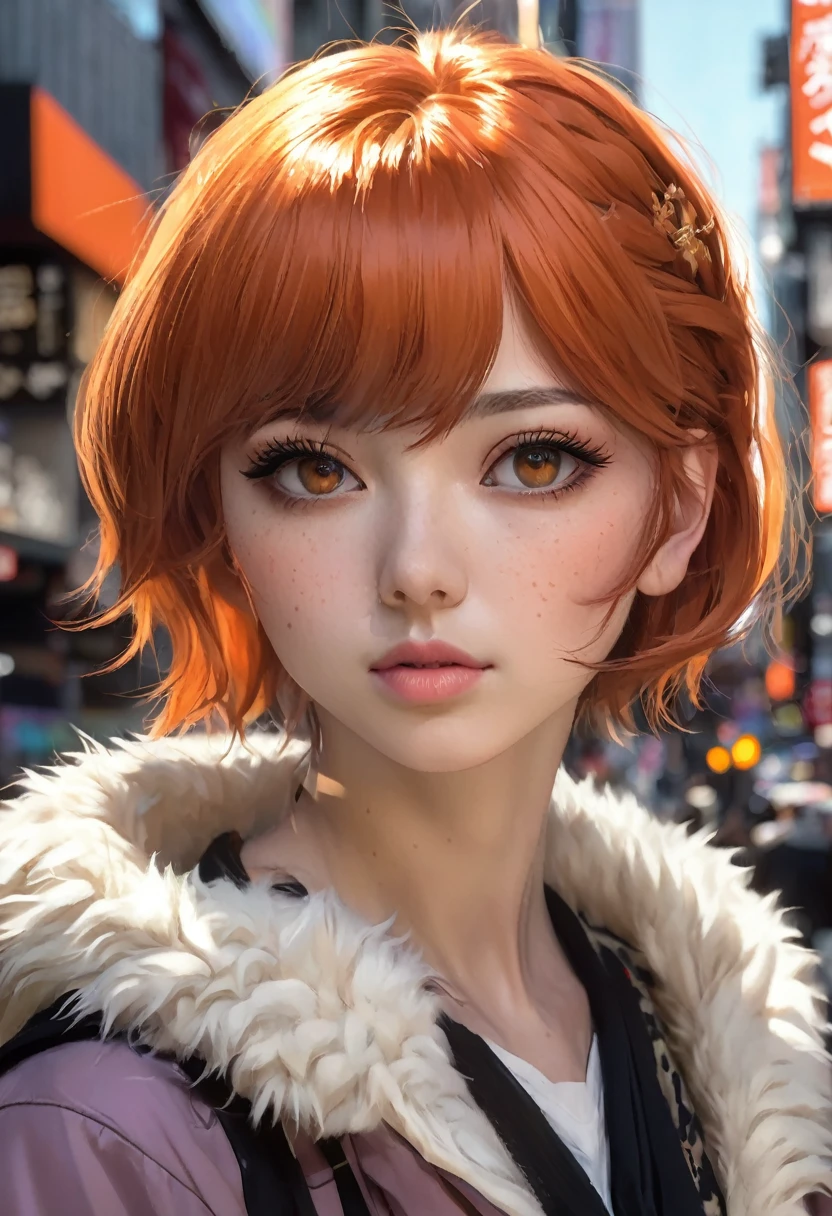 A young woman, short dark orange hair and side bangs, dark brown eyes, (((a young woman with short dark orange hair 1.7)))(((very beautiful))), perfect faces, she is in a city called shibuya in japan, warm palette, she is wearing a jujutsu kaisen character outfit, she wears an eye taoa in one of her eyes, brown eyes, 8K, extremely detailed, (high quality, realistic, photorealistic: 1.37), ideal proportions and defined skin, meticulously crafted features, unapproachable beauty, perfection, artistic art, vivid realism, hyper-detailed sculpting, realistic shapes, truly awe-inspiring, impeccable craftsmanship, pure brilliance, ethereal beauty, delicate contours, striking poses, sublime beauty, subtle nuances, dynamic compositions, vibrant colors, perfect lighting, moving expressions, heavenly aura, majestic presence, dreamlike atmosphere, unmatched detailed octane rendering trend in artstation, 8k art photography, photorealistic concept art, cinematic volumetric soft natural light, chiaroscuro, award winning photography, fine art, oil on canvas, beautiful, detailed, intricate, insane
