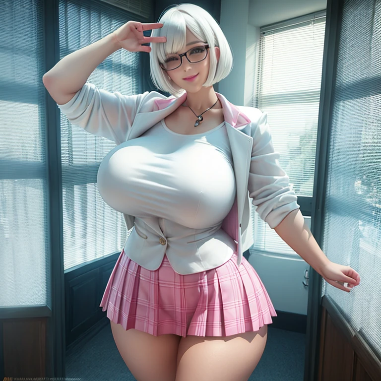 sexy pose, big breasts, curvy, smile, white bob haircut, white shirt,pink plaid skirt, big but, glasses
