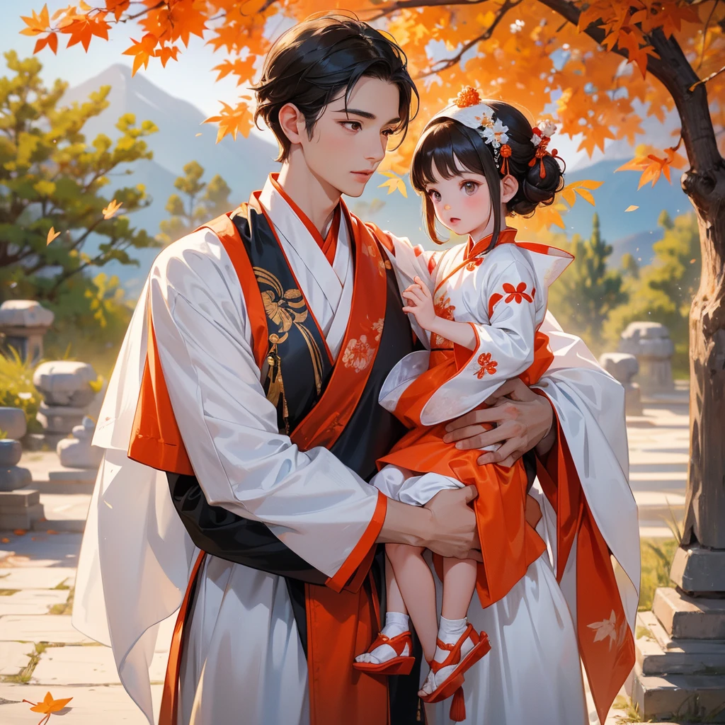 A -yead bab white ancient Chinese baby costume wiis beautiful mother, dressed in an ancient Chinese costume, The backdrop is a mountain that turns orange-red in spring, and maple leaves fall from the trees, playing with each other, with his handsome father standing next to his mother, close up