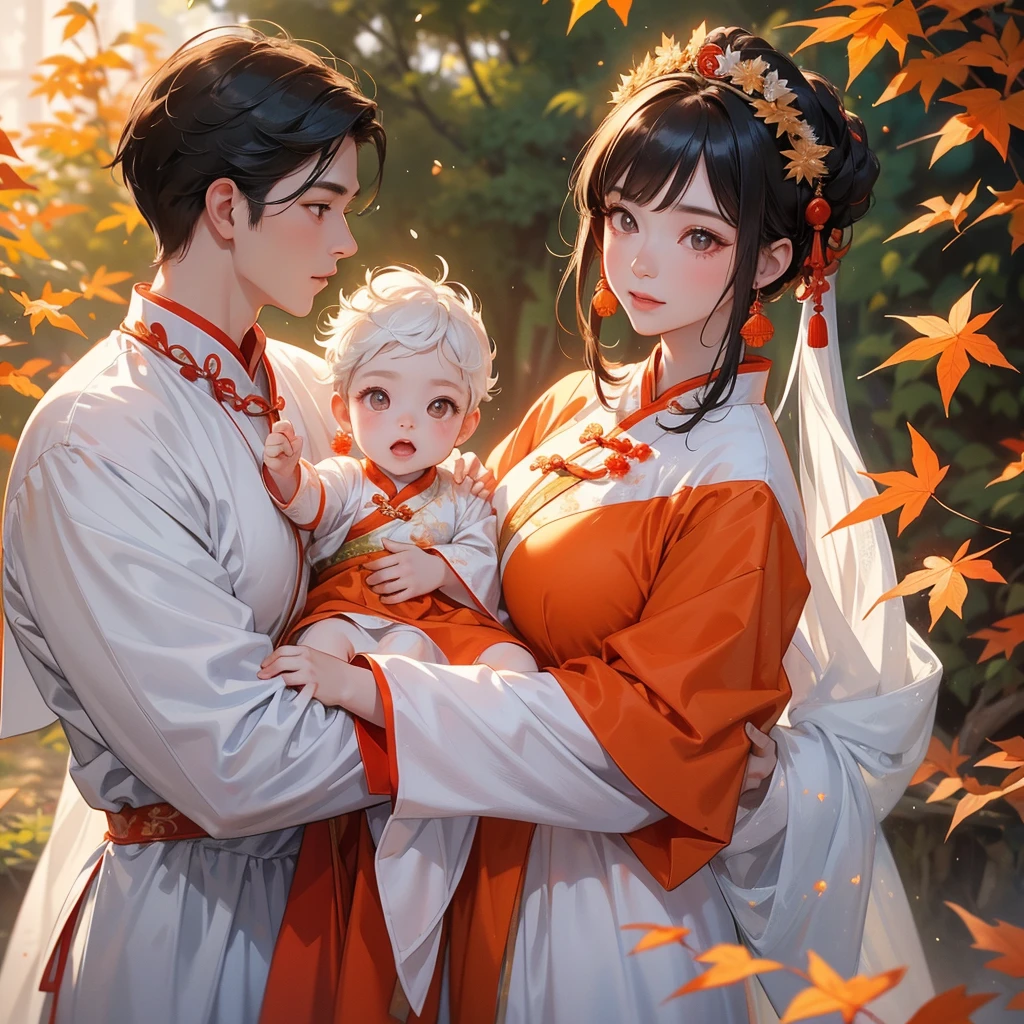 A one-year-old baby boy in white ancient Chinese baby costume with his beautiful mother, dressed in an ancient Chinese costume, The backdrop is a mountain that turns orange-red in spring, and maple leaves fall from the trees, playing with each other, with his handsome father standing next to his mother, close up
