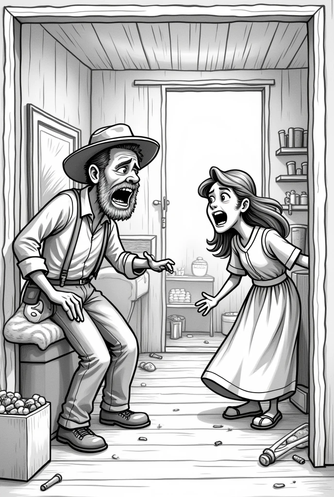 Create a black and white drawing , easy to draw, of a slightly older, worried-looking farmer man with a beard and hat , and a worried woman with her mouth open running to pick up things , both do them inside the house , Place objects in the room and make both of them have their mouths open as if they were talking. 