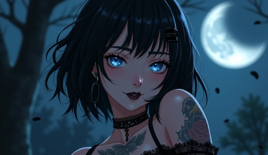 (best quality, ultra-detailed, photorealistic: 1.39), bright and vibrant colors, studio lighting, romantic expression, An effeminate girl, with a delicate and beautiful face. She is a girl who reflects seductive beauty, sparkling eyes, dark gothic makeup, dark gothic punk style, gothic healed woman, A Beautiful and adult tattooed woman and voluminous bob dark gothic black hair, hair clip, crying a seductive 2 woman with big breasts seduces, matches the gothic makeup, with her large breasts seduces, gothic style sexy lingerie, horny goth, expression of excitement, gothic sexy panties, masochistic goth, black sexy lingerie, chained, with her blue eyes that matches her soft smile, black gothic style, in a beautiful pose demonstrating her seduction in the park at night, dark, nervous lighting, moon,, haunted gothic party, night with soft lighting, anime style, like a manwha character