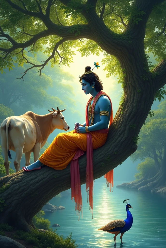 Krishna ji with cows sit in tree and with peacock and river and glowing