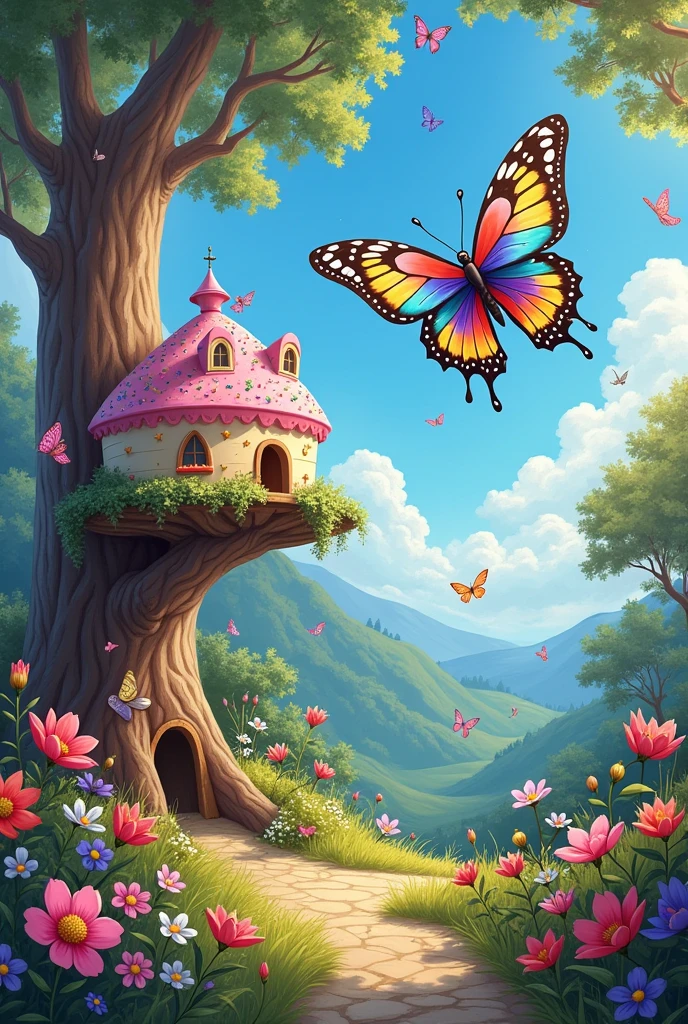 Prompt: "A beautiful butterfly painted by Rosie with vibrant colors and intricate patterns. The butterfly is flying gracefully out of the painting."
Cake:
Prompt: "A delicious-looking cake that Rosie painted. The cake is decorated with colorful icing and sprinkles, appearing in a cozy setting."
Sunny Day:
Prompt: "A picturesque scene of a bright, sunny day with clear blue skies and warm sunlight, created by Rosie’s magical paintbrush."
Cozy Little House for a Bird:
Prompt: "A charming, cozy little house painted by Rosie, designed for a bird. The house is nestled in a tree with a welcoming door and window."
Beautiful Garden:
Prompt: "A vibrant, magical garden full of colorful flowers, towering trees, and lush greenery. The scene is glowing with a sense of enchantment and beauty."
Rosie’s Friends Playing in the Garden:
Prompt: "A joyful scene with Rosie and her animal friends playing together in the newly created beautiful garden. They’re laughing and having fun amidst the flowers and trees."