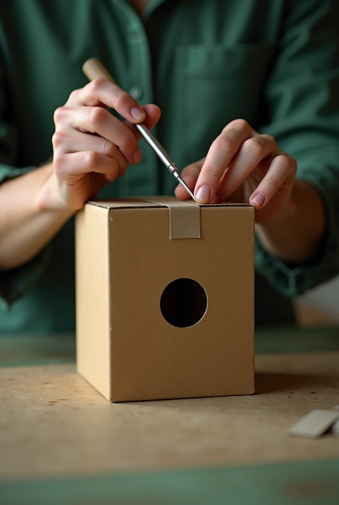 cutting with a cutter a perfect circular hole ONLY ONE SIDE/ONE SIDE of the cardboard box (upright position, You only see the hands doing the work, All this is done on a table and with a subtly green aesthetic filter.. THAT DOES NOT HAVE ANOTHER HOLE ELSEWHERE, ONLY ONE SIDE WITH A HOLE AND IT IS ON THE TOP SIDE OF THE BOX