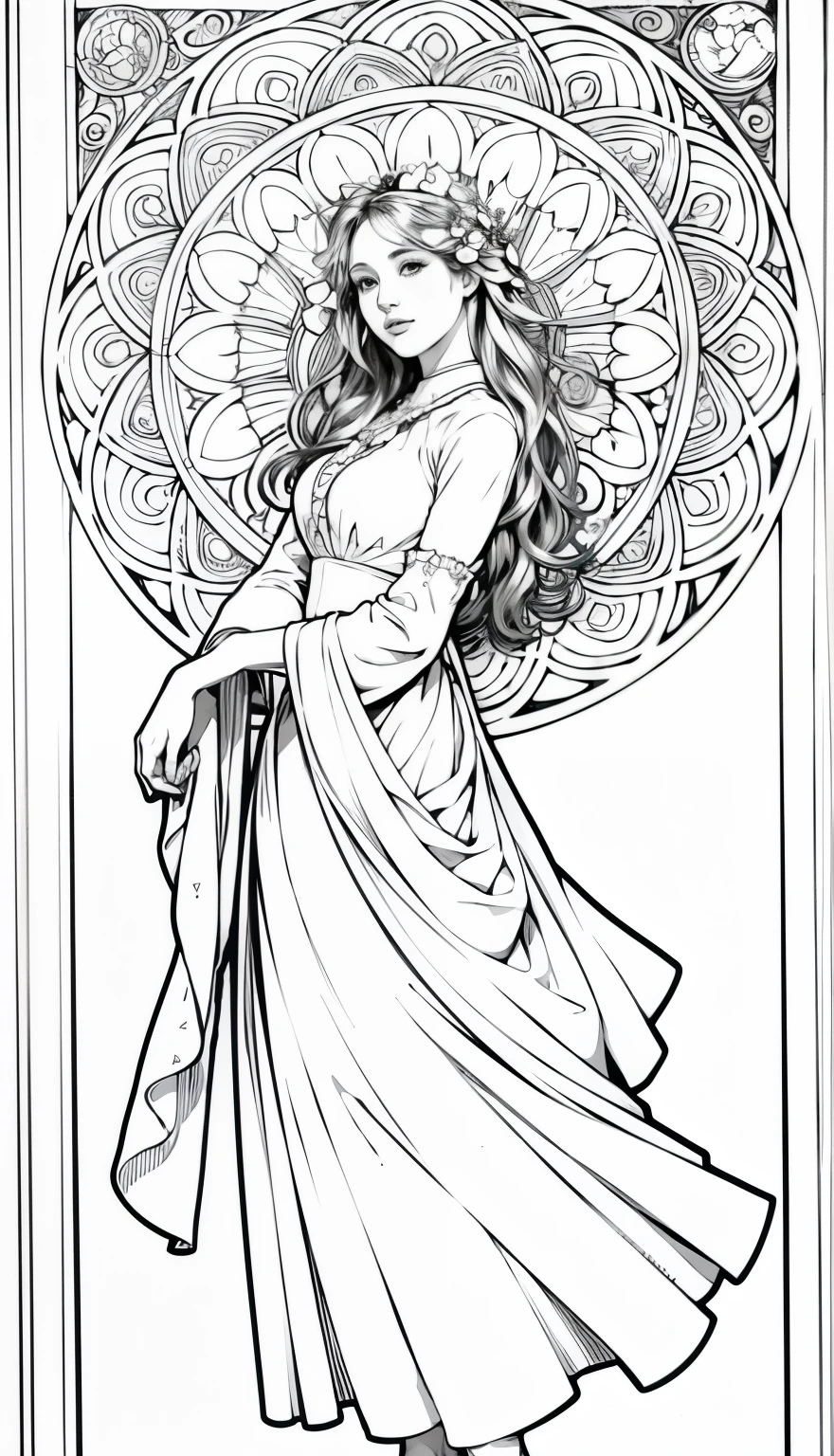 Pursuing their dreams, Coloring Book Pages Coloring Art, All-white background, Beautiful fairy star,White Soft Wavy Hair,Use only contours, Line Art, Coloring Book, Clean Line Art, Mandala,Mountain line drawing,Coloring with natural patterns, Simple and clean Line Art, Coloring Book page, Decorated in Art Nouveau, With Alphonse Mucha's brush, Perfect details, real,