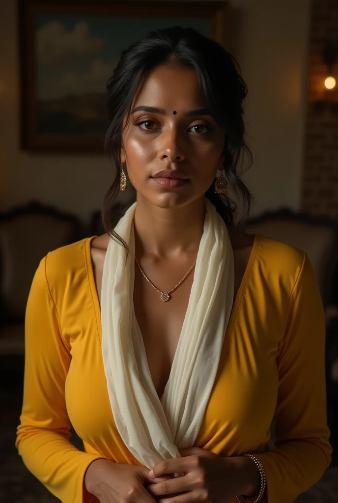 Photo of Indian Mature Aunty with dusky skin, Wearing Tight yellow Kurti and White stole tied around her neck, Showing large Cleavage, Hair tied behind, Dim light in the room.