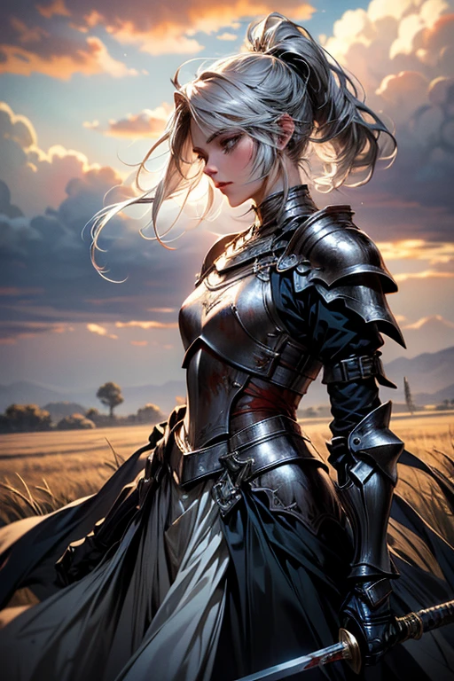 (masterpiece:1.1), (best quality:1.1), (detailed:1.0), (flat colors:1.2), BREAK, (dark fantasy:1.0), (epic:1.0), (cinematic:1.0), (dark:1.1), (gloomy:1.0), (eerie:1.0), BREAK, (dynamic pose:1.0), (woman:1.0), (ponytail:1.0), (silver armor:1.0), (knight:1.0), (sword:1.1), (windy:1.0), (covered in blood:1.1), (damaged:1.1), (scratches:1.0), (scars:1.1), (dirty:1.1), (tired:1.1), (exhausted:1.1), BREAK, (dusk:1.0), (depth of field:1.0), (clouds:1.0), (wheat field:1.0), (tall wheat:1.0)