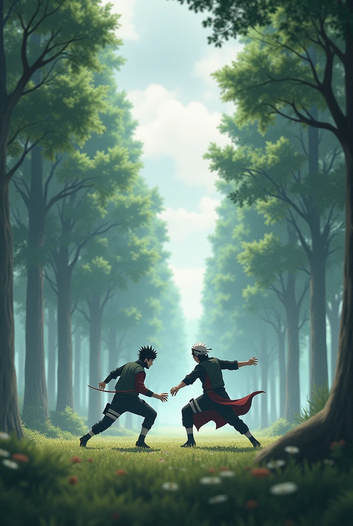 Imagine un combat entre Kakashi Hatake et Naruto Uzumaki, se déroulant dans une clairière entourée d'arbres imposants. Le ciel est légèrement couvert, créant une atmosphère tendue. Naruto, plein d'énergie, attaque avec fougue, essayant de surprendre Kakashi avec sa vitesse et sa détermination