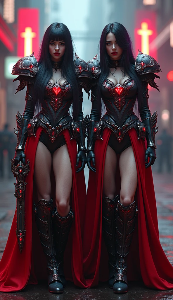 Full body pose sisters of battle from the warhammer 40k, red, black and white armor, religous symbols on the armor, sisters of battle, warhammer 40k, Massive silicone breast, pale skin, seductive, temptation, eat your soul, clevage, long flowing black hair with purple highlights, heavy gothic makeup, at night, neon, most beautiful intricate detailed glowing chainsaw sword ,beautiful detailed eyes, beautiful detailed lips, extremely detailed eyes and face, long eyelashes, highly detailed armor, intricate weaponry, dramatic lighting, cinematic composition, muted color palette, gritty and realistic, mecha, science fiction, hyper-detailed, photorealistic, award winning digital art, 8k, HDR, masters work, stunning, Stilleto heels, high heels, full body pose,