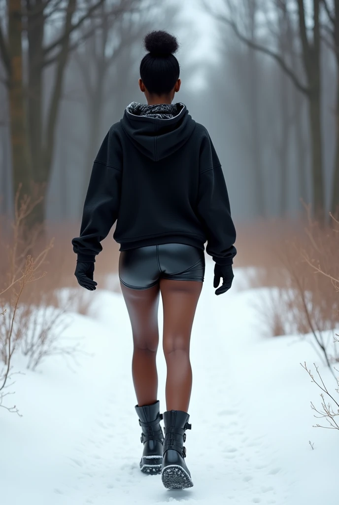 Black woman wearing leather short shorts and black hoodie hair in a bun walking in the snow in the woods wearing leather boots  backside view 